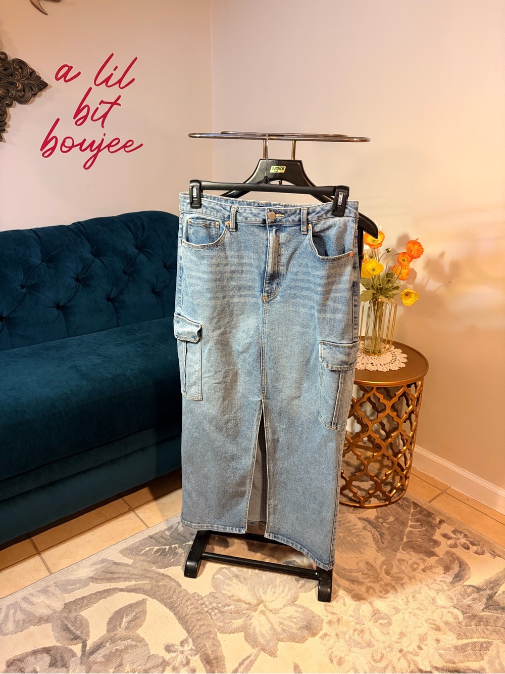 Blue Revival Light Wash Cargo Denim Midi Skirt Size 30 Y2K Utility